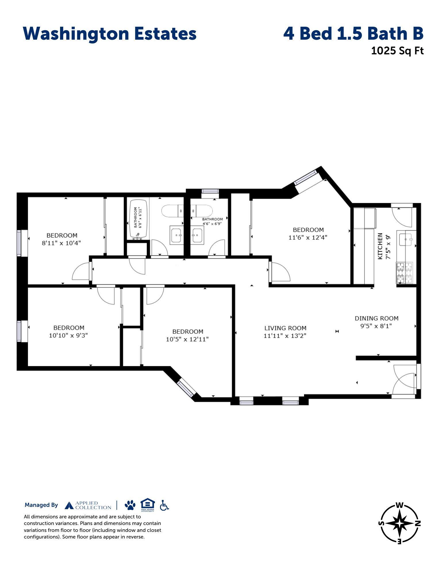 Floor plan for 4 beds, 1.5 baths, 1025 sqft